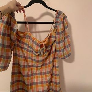 Off The Shoulder Orange Gingham Dress